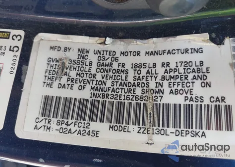 2006 Toyota Corolla S z USA, uszkodzony, nr VIN 1NXBR32E16Z682327